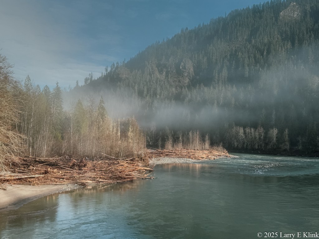 Morning mist drifts over a calm river bordered by driftwood and leafless trees beneath a forested mountain slope. Sunlight filters through the haze, subtly illuminating sections of the trees while other areas remain in cool shadow.  The sky in the upper left corner is bright blue with white clouds.
